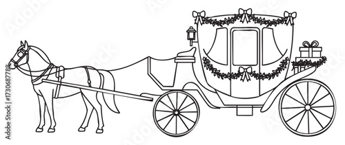 Vintage christmas horse-drawn carriage with festive decorations and gifts - stock vector