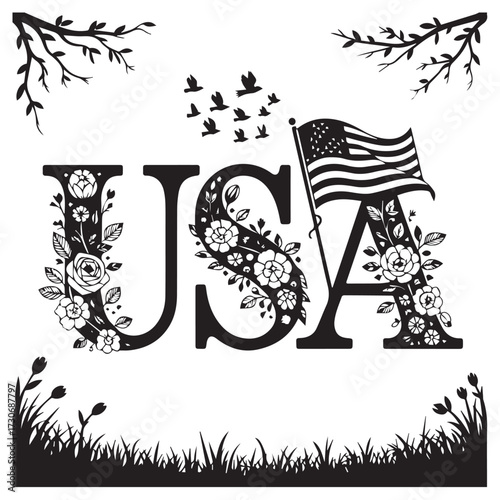 Elegant usa lettering adorned with blooming roses and fluttering american flag against a backdrop of birds and nature