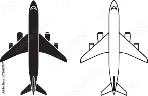 Two airplanes one solid black silhouette and one outline silhouette