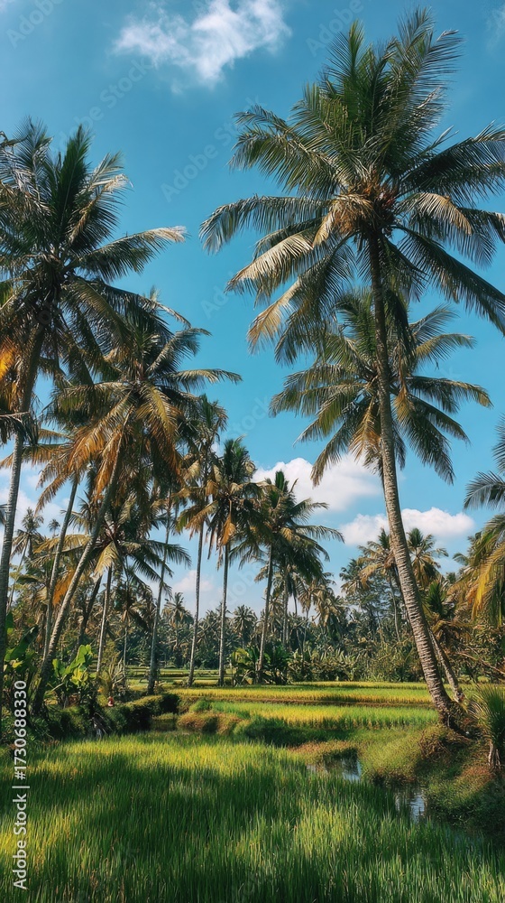 Obraz premium Lush palm trees tower over vibrant rice paddies under a bright blue sky with fluffy clouds