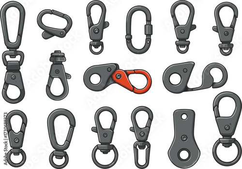 Carabiner and Lobster Claw Clip Vector Set, Metal Snap Hooks, Key Chain Fasteners, Technical Hardware, and Accessories for Bags and Gear.

Carabiner and Lobster Claw Clip Vector Set, Metal 
