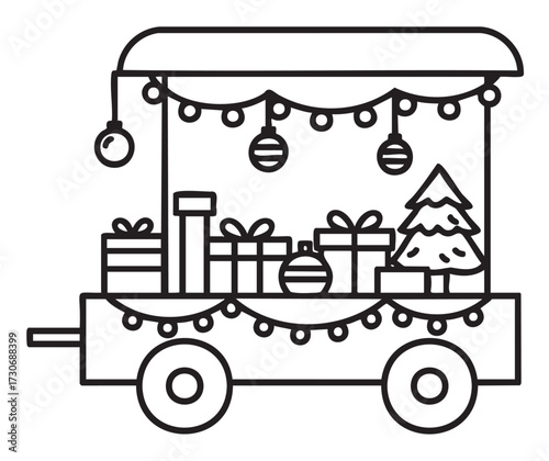 Christmas market cart with gifts and decorations in black and white outline - stock vector