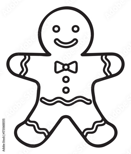 Smiling gingerbread cookie outline with bow tie and wavy icing decor - stock vector