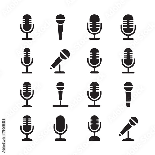 Set of microphone icons in various styles, including dynamic and condenser types, isolated on white background technology background