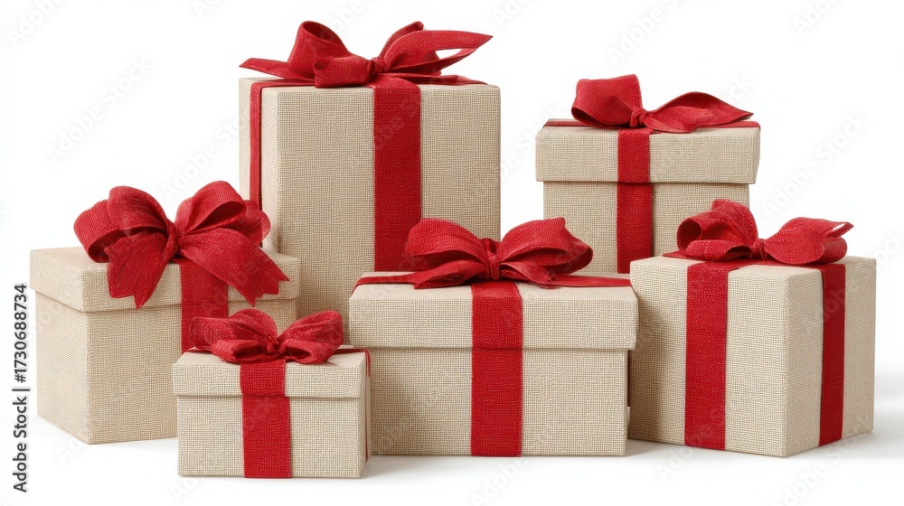 Obraz premium beige gift present box with red ribbon bow collection png group of gift boxes png festive present display png holiday packaging set png transparent background image