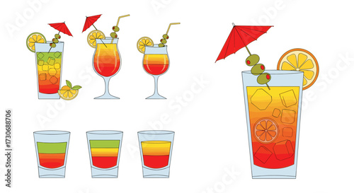 A vibrant collection of layered cocktails and colorful layered shots perfect for parties and celebrations.