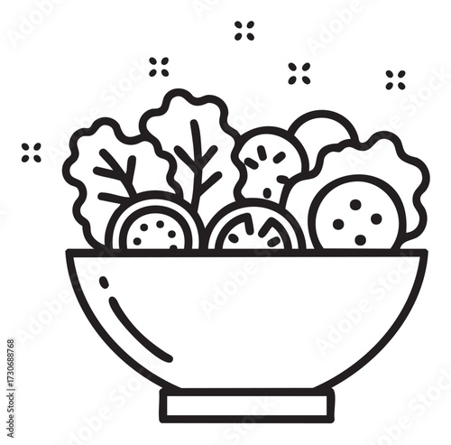 Black and white drawing of a vegetable salad with leaves and slices in bowl - stock vector