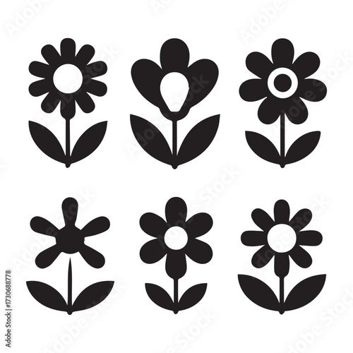 Set of six stylized black flower icons isolated on white background, showcasing diverse floral designs and petal arrangements technology background
