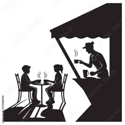 Silhouette of a couple enjoying coffee at an outdoor cafe table served by a barista from a window counter