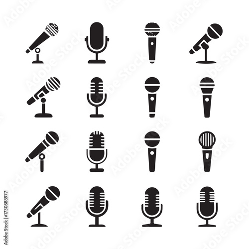 Set of various microphone icons and symbols isolated on white background technology background