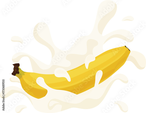 illustration of a ripe yellow banana with milk splash