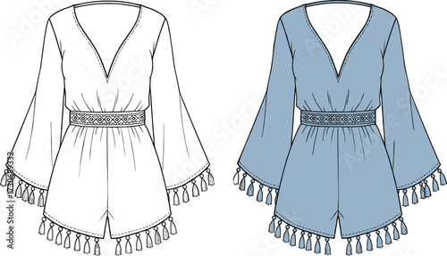Women's Romper Fashion Flat Sketch Vector, Wide Bell Sleeves, Tassel Hem Details, Drawstring Waist, Technical Drawing, and Apparel Design Element.