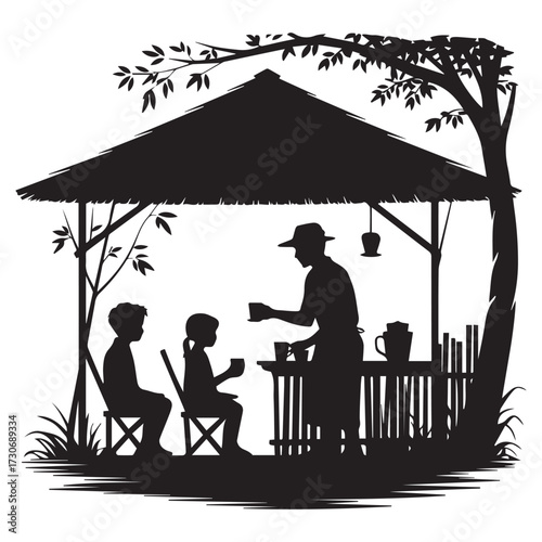 Silhouette of a kind farmer serving drinks to two children under a thatched roof hut in a rural village setting