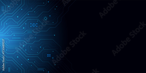 Technology web banner, circuit blue board texture on dart background, futuristic processor pattern, glowing AI chip tech backdrop