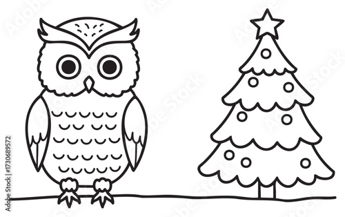 Cartoon owl and decorated christmas tree in black and white outline - stock vector