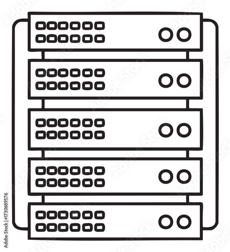 Simple rack server outline drawing with multiple panels and controls - stock vector