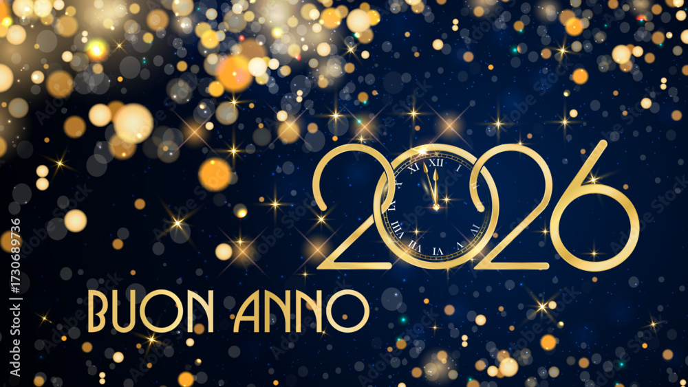 biglietto o striscione per augurare un felice anno nuovo 2026 in oro lo 0 è un orologio su uno sfondo blu con cerchi e glitter color oro in effetto bokeh