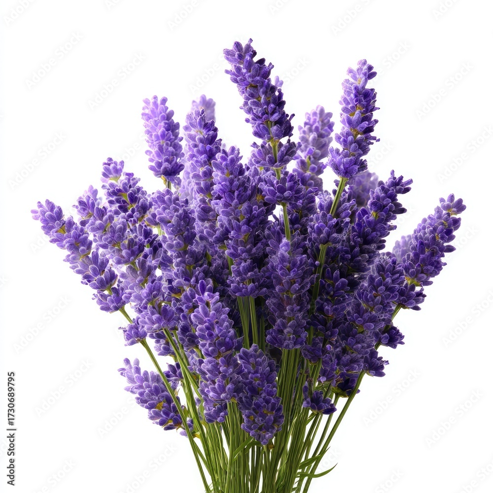 Fototapeta premium Close-up of vibrant purple lavender flowers. A bouquet of lavender blossoms, displaying rich color and delicate texture, against a plain white background