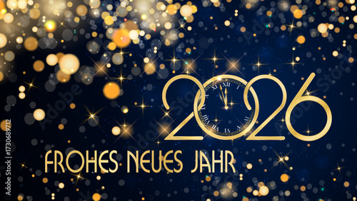 Karte oder Banner, um ein frohes neues Jahr 2026 in Gold zu wünschen. Die 0 ist eine Uhr auf blauem Hintergrund mit Kreisen und goldfarbenem Glitzer im Bokeh-Effekt