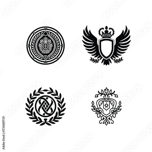 Heraldic Crests Collection with Crown, Shield, Laurel Wreath, Eagle Wings on White