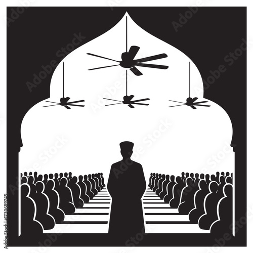 Silhouette of a lone muslim man standing in prayer facing a large congregation praying inside a mosque with a dome and ceiling fans