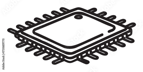 Black and white illustration of microchip circuit element with pins - stock vector