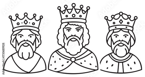 Line art of three caucasian male kings with crowns and beards in medieval style - stock vector