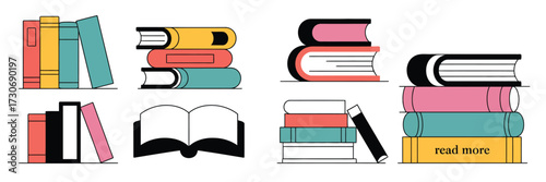 School and Library Book Vectors,  Colorful Stack and Open Book Design Elements