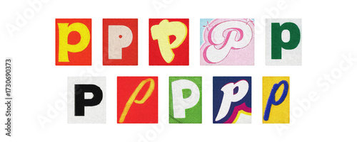 Typography letter P set in diverse styles, cutouts on transparent PNG
