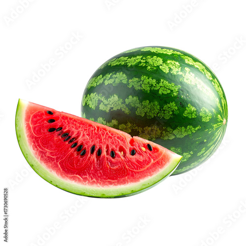  Whole Watermelon with Single Slice Showing Juicy Red Flesh, Front View, Isolated on White Background 