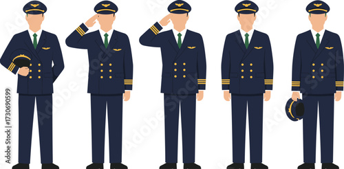 Professional Airline Pilot Vector Illustration Set, Men in Uniform Saluting, Aviation Career, Flat Design Crew, and Flight Staff Collection.