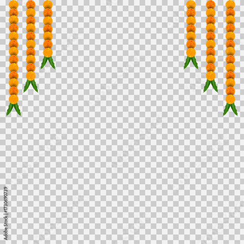 Marigold, Dhanteras. Marigold Flower. Garlands Decoration, Durga Puja, Onam. Vector marigold. Karwa Chauth. Garlands Decor, Durga Puja Sale, Frame. Ganesh Chaturthi, Border, Navratri. Saraswati puja, 