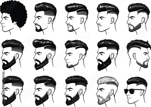 Large Collection of Men's Hairstyles and Beards Vector, Modern Haircuts, Side Profile View, Grooming, Barbershop Poster, and Male Avatar Element.