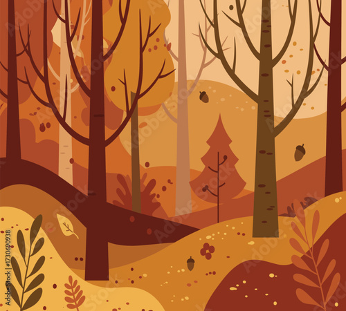 Vector art of a serene november landscape with bare trees and falling leaves, capturing the essence of autumns beauty and tranquility, perfect for nature lovers and those seeking a peaceful scene