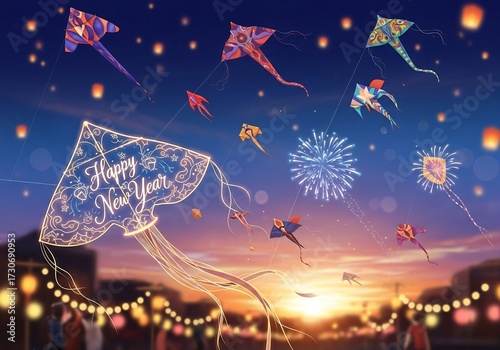 Happy New Year - Spectacular Fireworks over a City Skyline