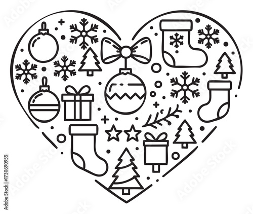 Heart-shaped christmas ornament design with stockings, trees, and snowflakes - stock vector