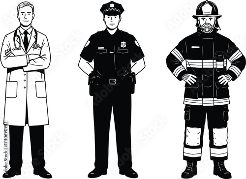 Essential Workers Monochrome Vector Illustration Set: Doctor, Police Officer, and Firefighter in Uniform, Representing Healthcare, Public Safety, and Emergency Services