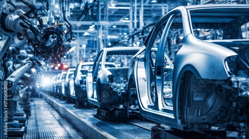 Advanced automotive manufacturing facility with robotic arms assembling car frames on a high-tech production line,