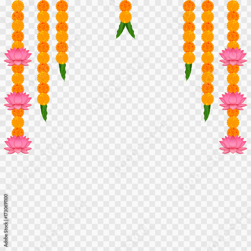 Marigold, Dhanteras. Marigold Flower. Garlands Decoration, Durga Puja, Onam. Vector marigold. Karwa Chauth. Garlands Decor, Durga Puja Sale, Frame. Ganesh Chaturthi, Border, Navratri. Saraswati puja, 