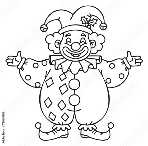 Smiling clown with jester hat: black and white cartoon line art - stock vector