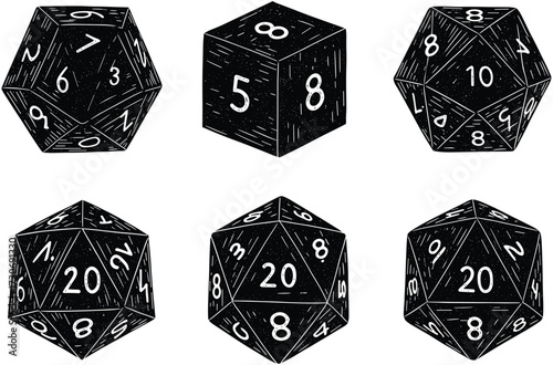 Hand-Drawn Role-Playing Game Dice Set Vector Illustration, Engraving Style Polyhedral Dice for Dungeons and Dragons, Gaming, Chance, and Probability Graphics
