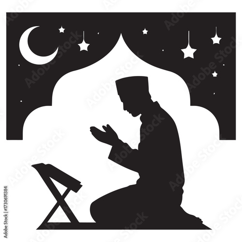 Silhouette of a muslim man praying at night under a crescent moon and stars with a mosque dome in the background
