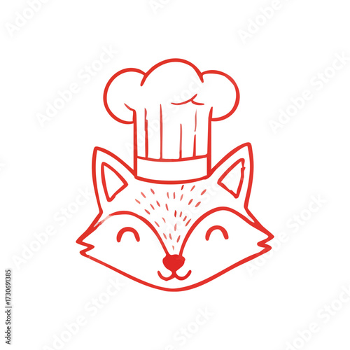 Fox Chef Mascot Cartoon Illustration. Charming red outline drawing of a cunning animal wearing a tall toque. Represents expertise, delight, and delicious food preparation.