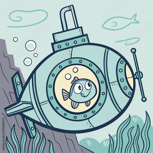Whimsical cartoon submarine with happy fish exploring ocean depths underwater adventure isolated on transparent background