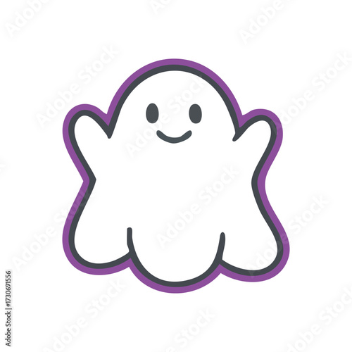 Cute Friendly Ghost Character. An endearing apparition in white, highlighted by a vibrant violet border. Its cheerful expression symbolizes innocent fun and holiday cheer.