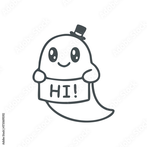 Friendly Ghost Character Says Hello. This adorable phantom, sporting a dapper top hat, presents a warm greeting. Its cheerful demeanor conveys an inviting and pleasant welcome.
