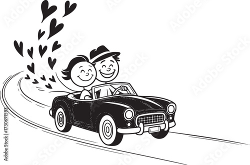 Love on the Road: A cartoon depiction of a joyful couple in a vintage car, with love hearts trailing behind, embodying happiness and affection on the open road.