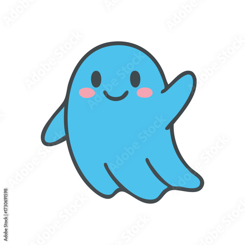 Cute Blue Ghost Waving Hello. A delightful azure phantom with rosy cheeks extends a cordial welcome. It embodies cheerfulness, playfulness, and innocence.
