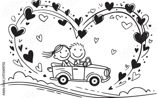 Sweethearts' Joyride: A doodle illustration showcases a smiling couple in a convertible, cruising within a heart-shaped frame, embodying love, joy, and journey