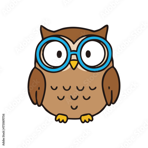 Clever Little Owl with Blue Eyeglasses. This intelligent nocturnal creature wears fashionable round spectacles, symbolizing erudition and knowledge. Ideal for educational media or youthful graphic.